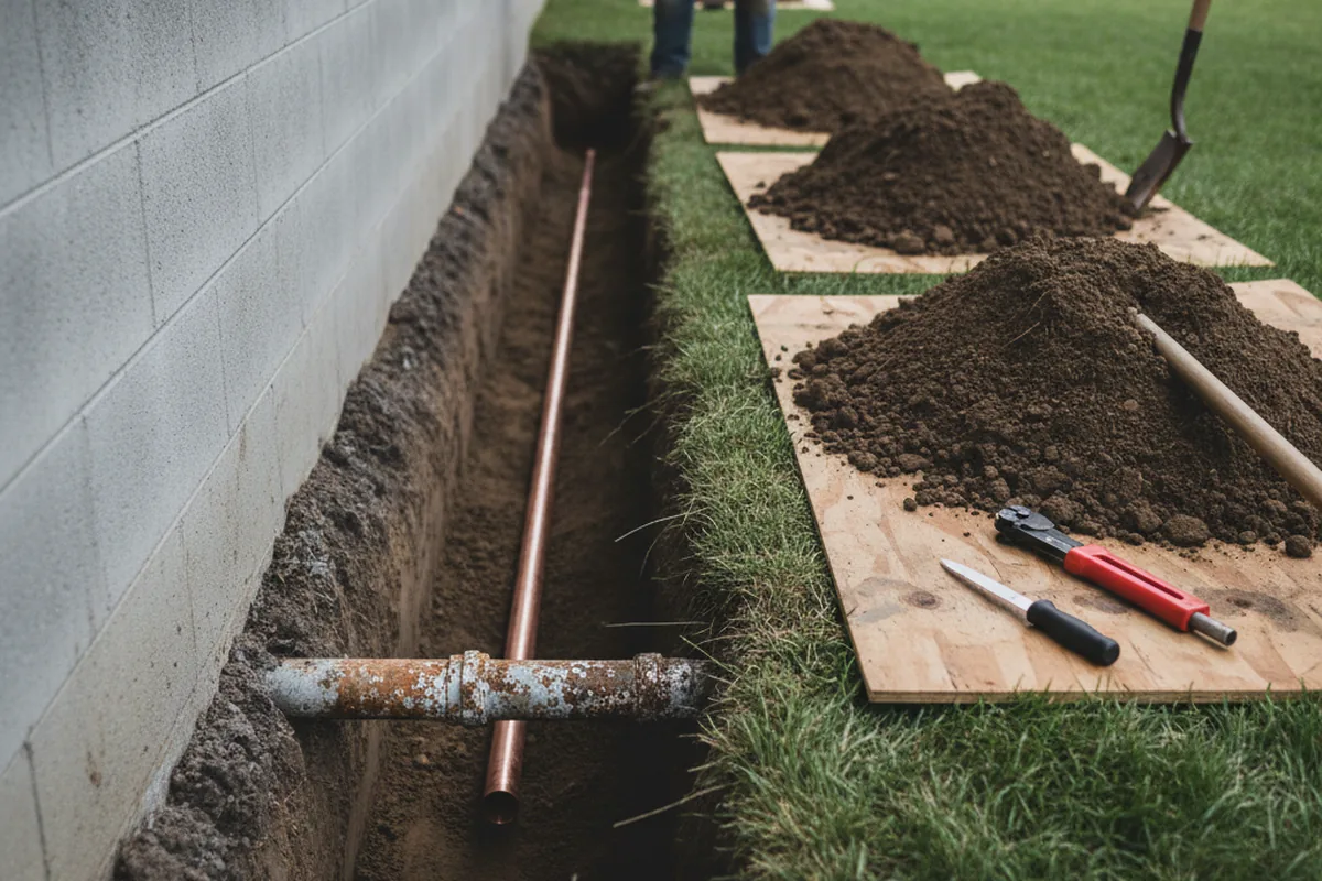 Excavated water line trench during Sewer Line Repair in Upper Marlboro